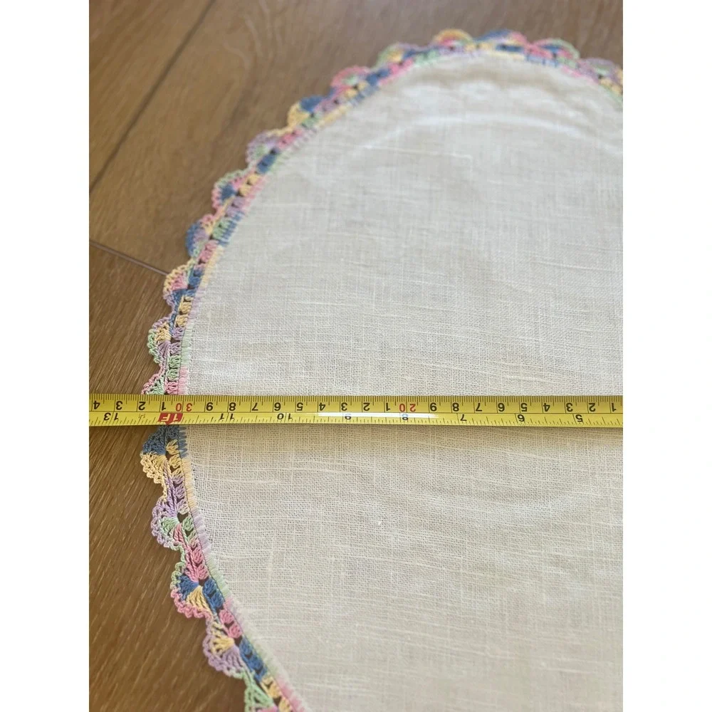 Vintage Linen Doilies Set of 3 Pastel Rainbow Crochet Lace Trim Scalloped Edge